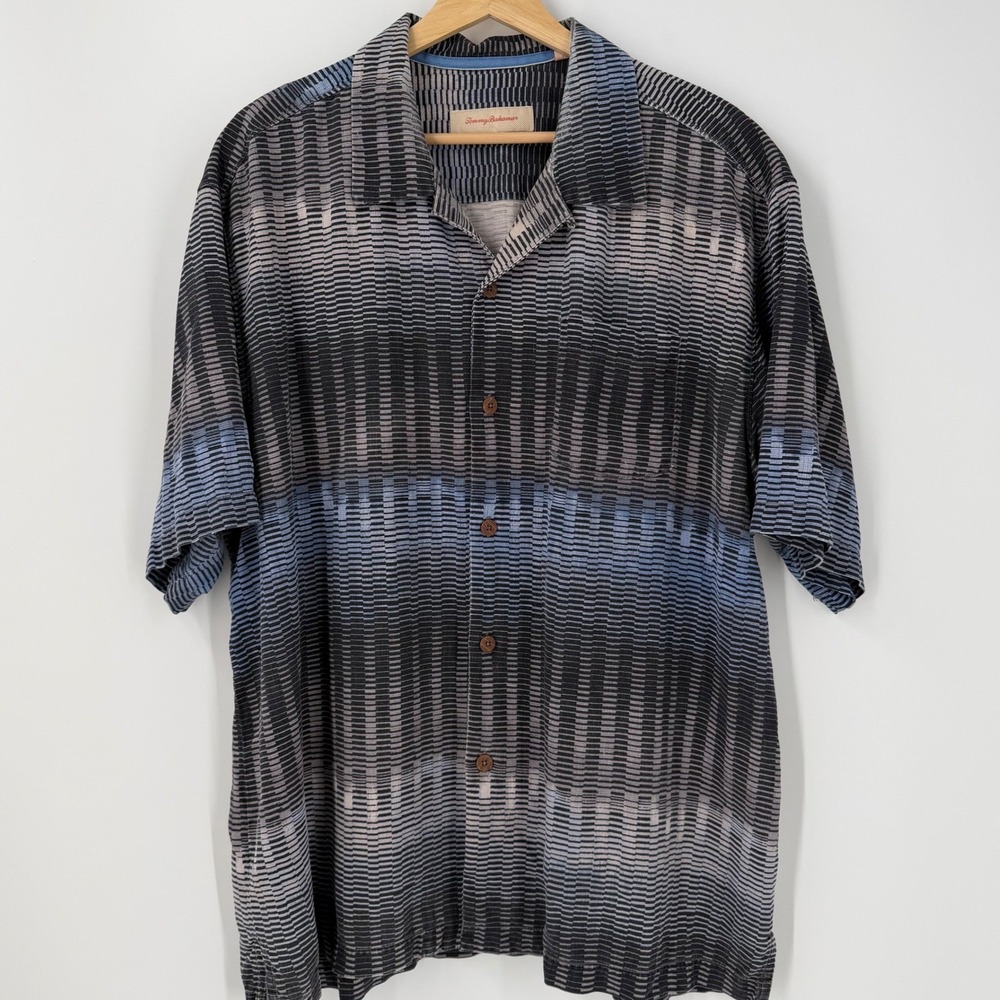 Tommy Bahama Mens XL Silk Short Sleeve Button Down Shirt Abstract Geometric Blue
